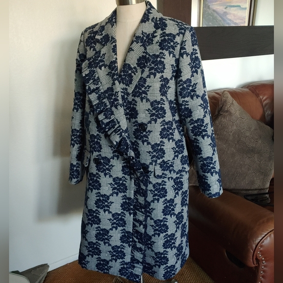 Halogen Blue Floral Plaid Print Ruffle Coat - Picture 2 of 11